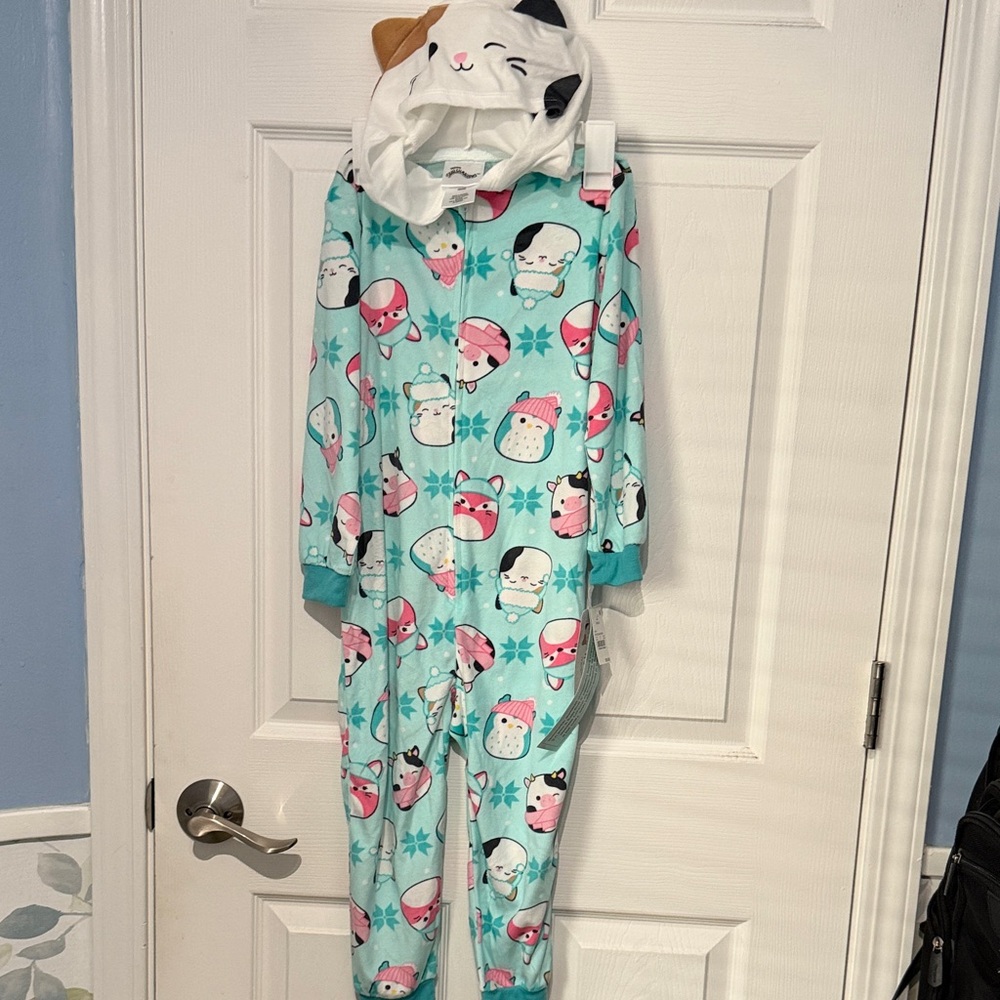 NWT Squishmallows Mint Footie Pajamas with Cat Hood and Ice Cream Penguin Print